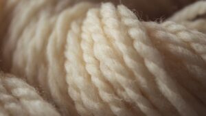 Nærbilde av myke, kremhvite ullfibre med tydelig struktur